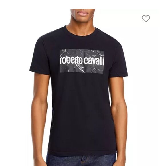 Robert Cavalli Men’s Black Marble Logo Graphic Crewneck Minimalist T- Shirt Sz L - Picture 1 of 12